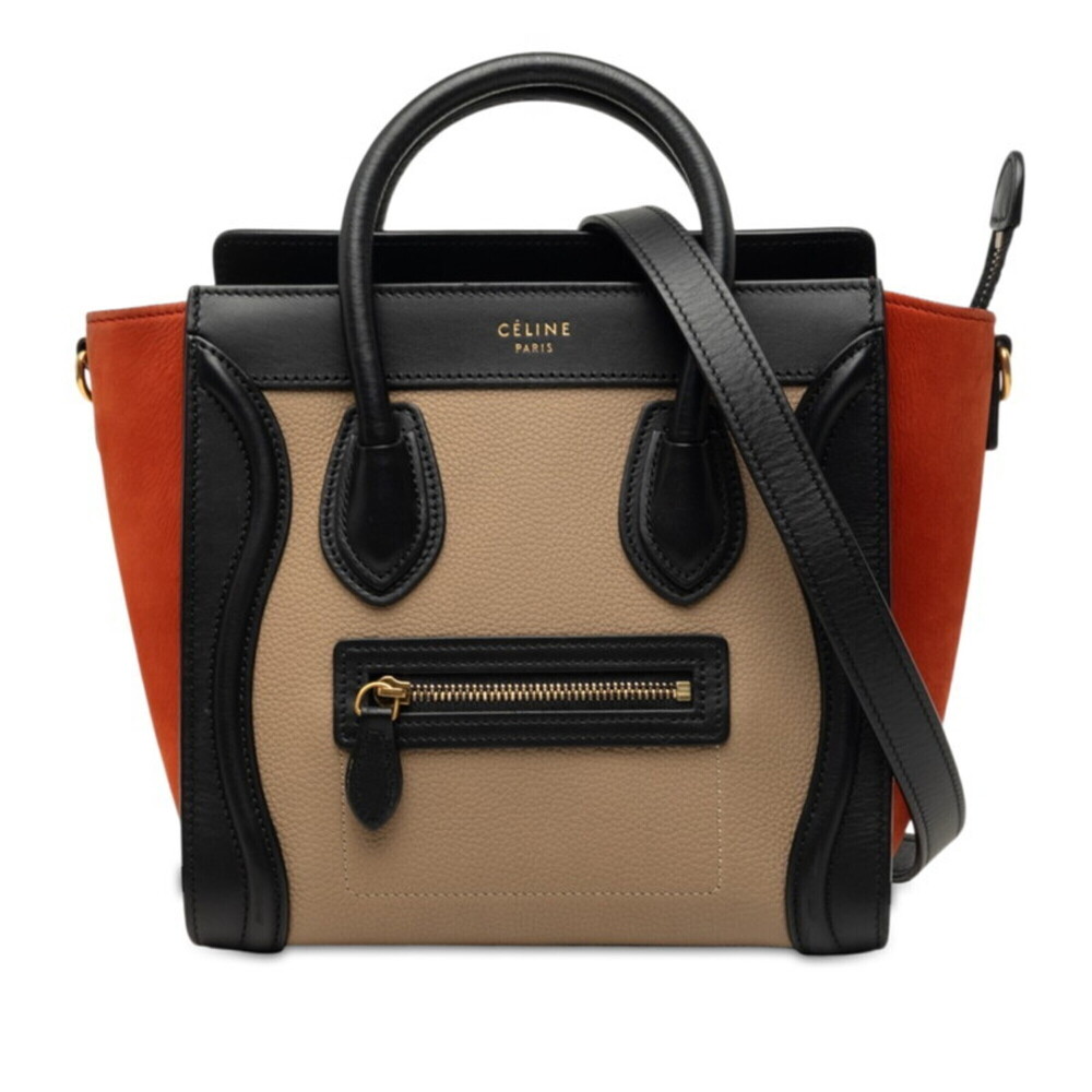 Celine Luggage Nano Tricolor Handbag/Shoulder Bag, 2-Way, Beige, Black, Red L...